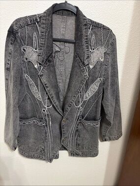 Women's vintage 80’s acid  Washed Black Embroidered Denim Jacket